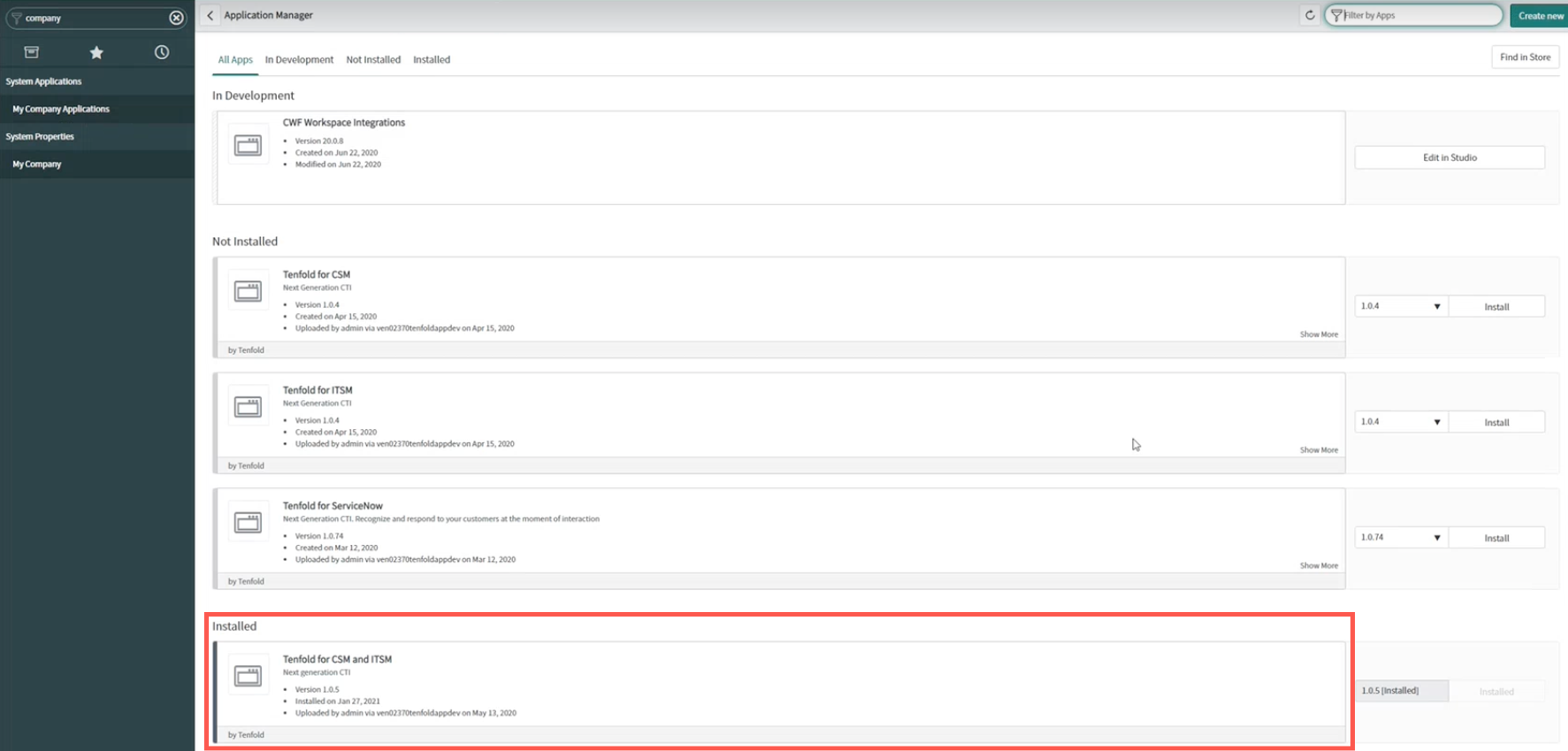 ServiceNowUninstallClickInstalledTenfoldApp.png